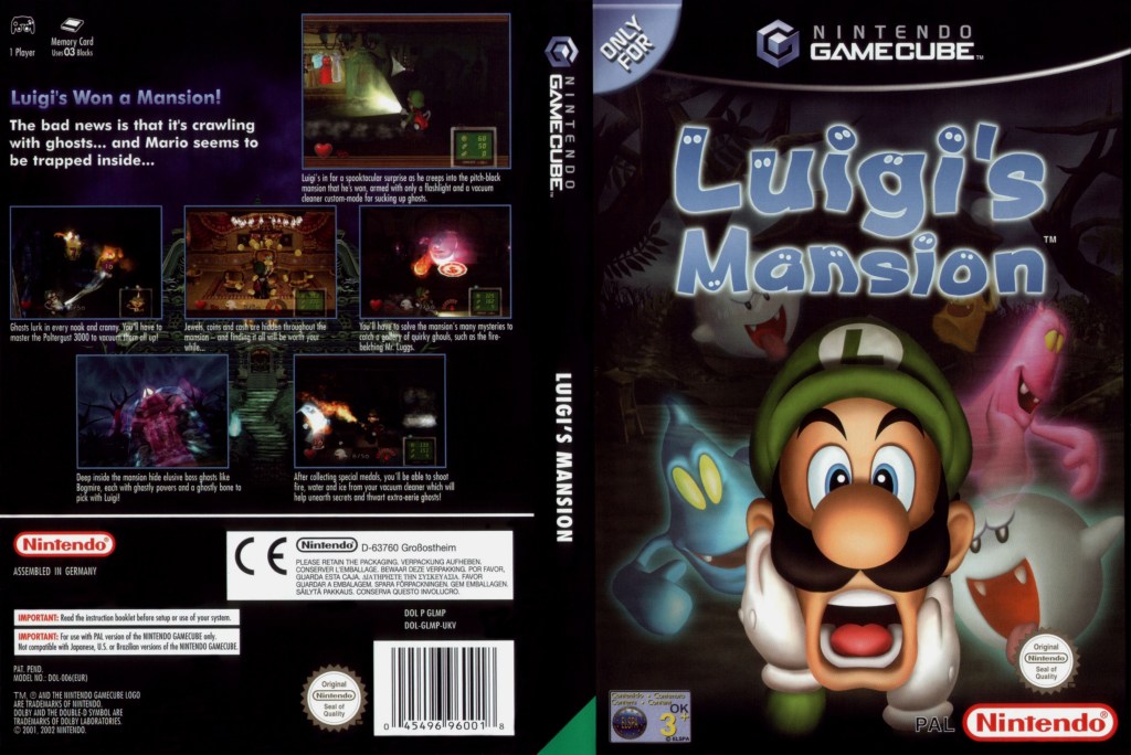 Capa do jogo Luigi's Mansion para Nintendo GameCube, apresentando Luigi assustado cercado por fantasmas coloridos e descrições do jogo na parte de trás.