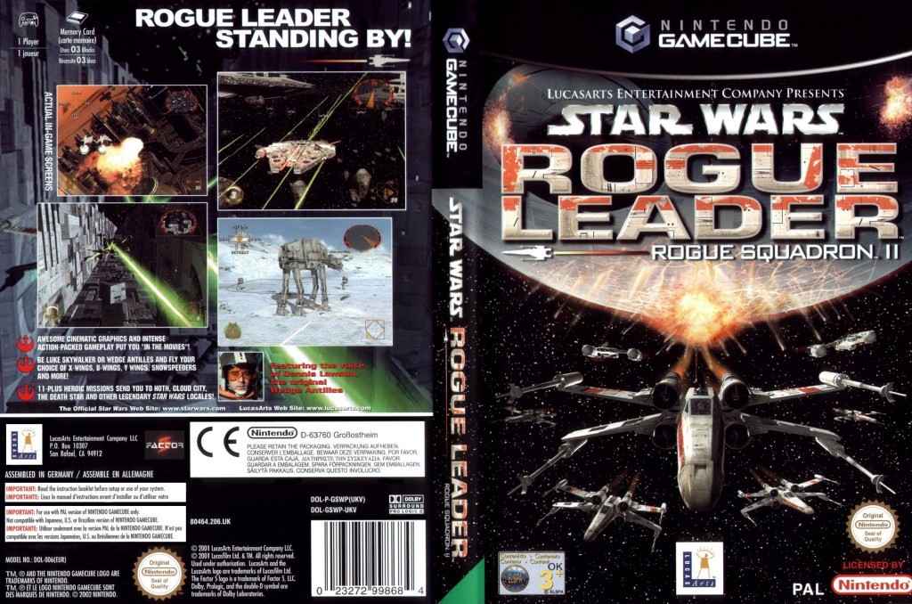 Capa do jogo Star Wars: Rogue Leader - Rogue Squadron II para Nintendo GameCube, mostrando naves espaciais em batalha e elementos gráficos cinematográficos.