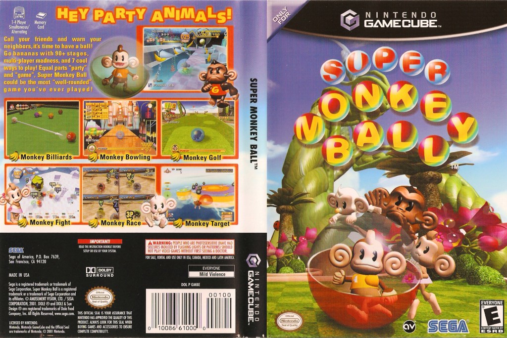 Capa do jogo Super Monkey Ball para Nintendo GameCube, mostrando os personagens principais em um vaso, com cores vibrantes e elementos de um ambiente tropical ao fundo.