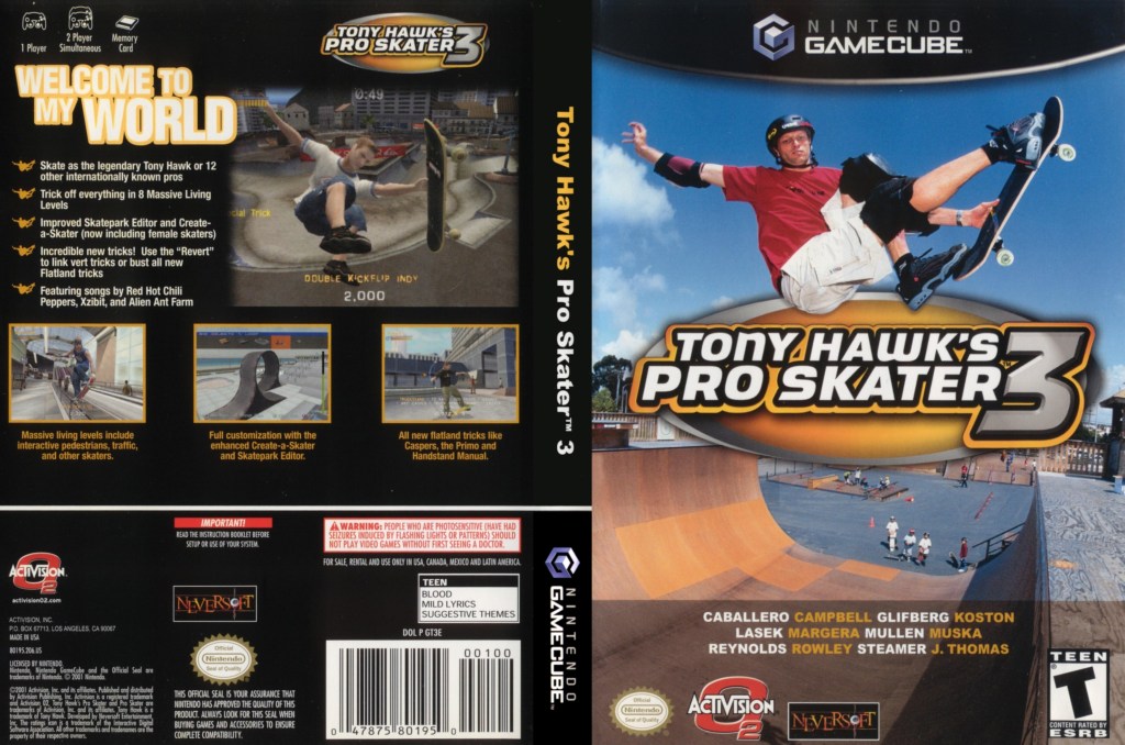 Capa e verso do jogo Tony Hawk's Pro Skater 3 para Nintendo GameCube, apresentando o skatista Tony Hawk em manobras, informações sobre o jogo e características dos níveis.