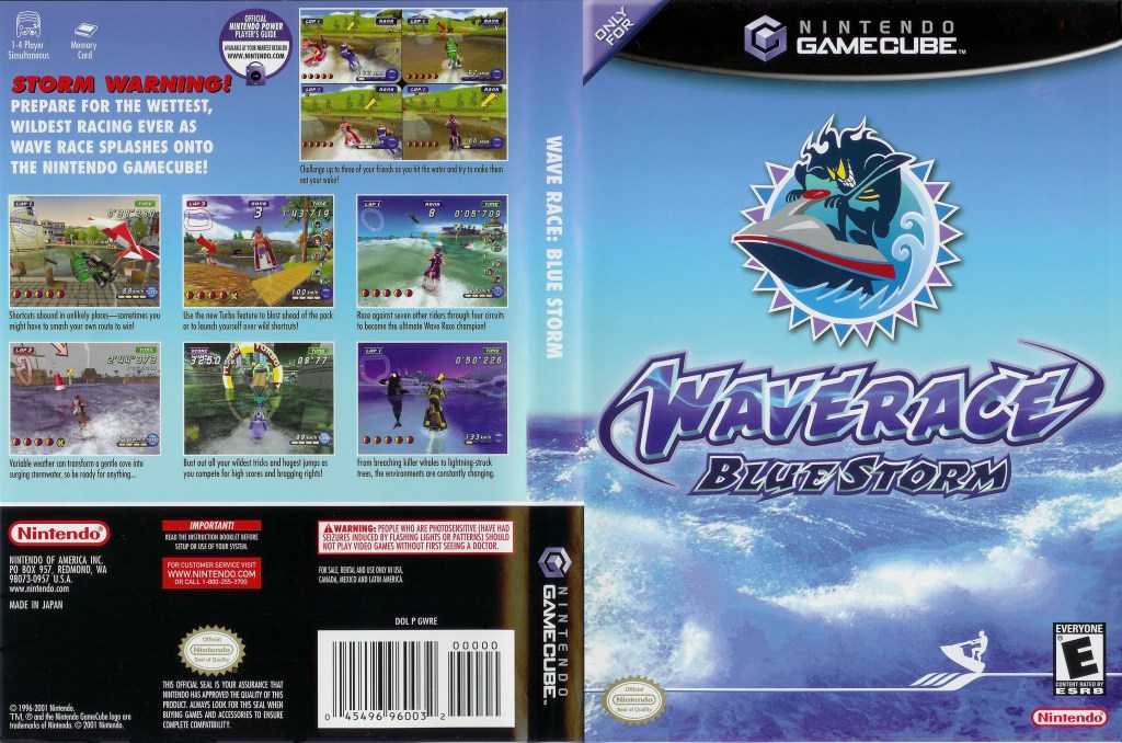 Capa e contracapa do jogo Wave Race: Blue Storm para Nintendo GameCube, apresentando gráficos vibrantes e informações sobre o jogo, incluindo recursos e dicas de jogabilidade.