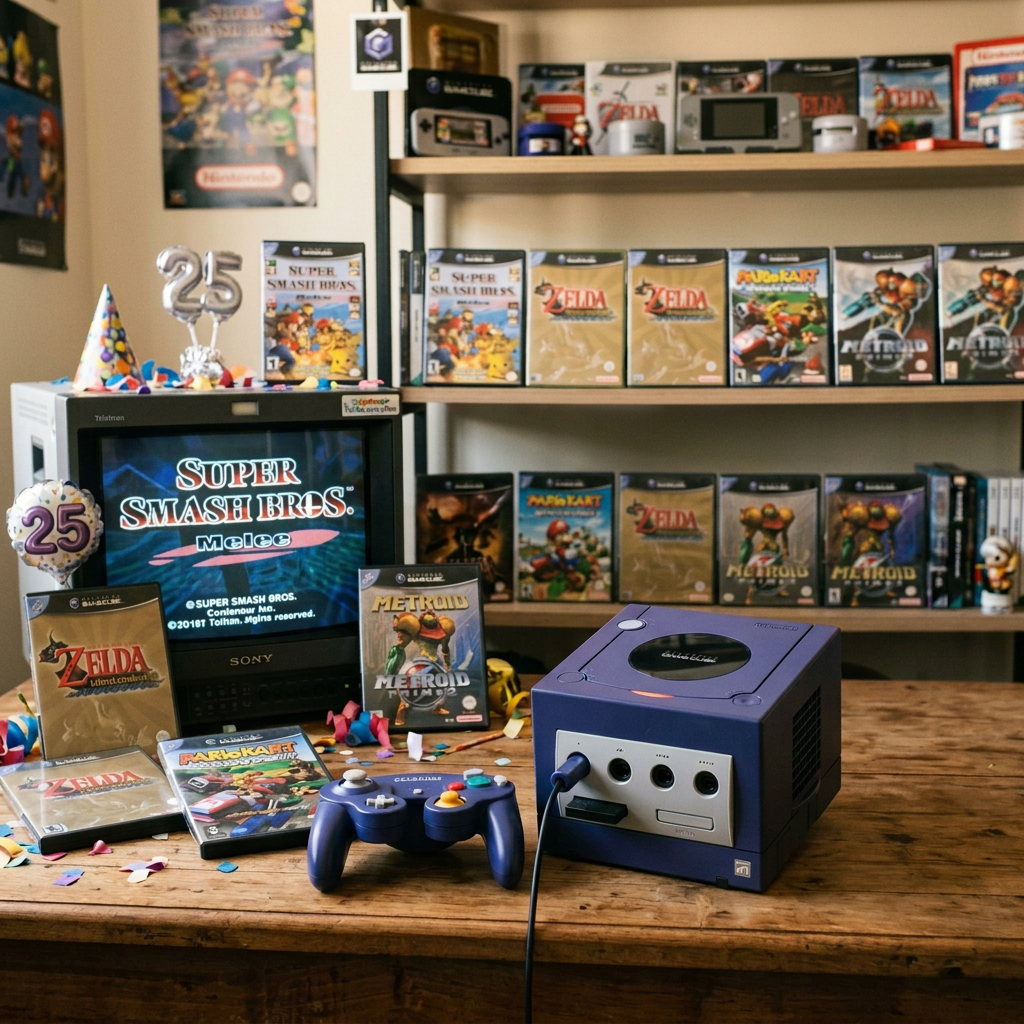 Nintendo GameCube celebrating 25 years with console, controller, games, and signs reading GameCube 25 años and parabéns GameCube