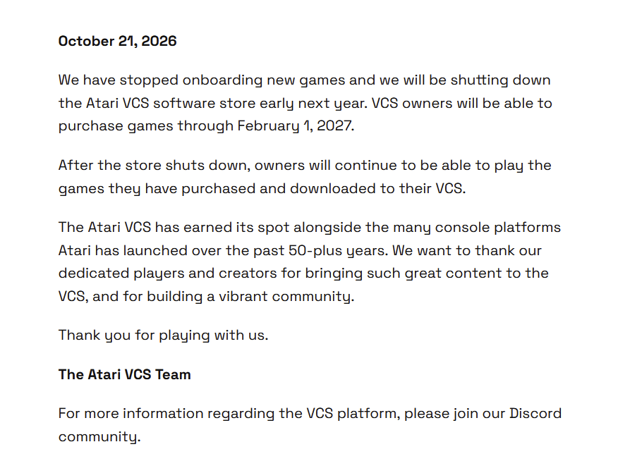 Anúncio da Atari informando o encerramento da loja de jogos do Atari VCS em fevereiro de 2027 e agradecendo aos usuários pela participação na comunidade.